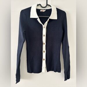 Faherty Woman’s Navy/White Contrast Trim Cotton Cashmere Slim Ribbed Cardigan XS